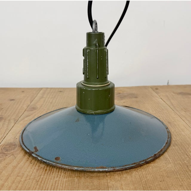 Industrial Blue Enamel Military Pendant Lamp with Cast Aluminium Top, 1960s For Sale - Image 15 of 18