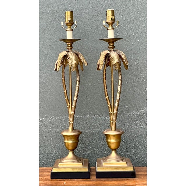 Mid-Century Modern Vintage Palm Tree Brass Table Lamps - Pair For Sale - Image 3 of 10