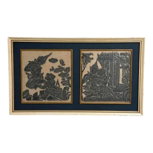 Framed Pair of Thai Blue Temple Rubbings on Rice Paper With Blue Matting
