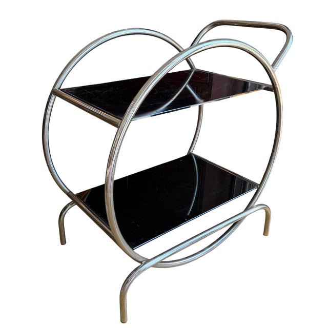 Antique Art Deco Streamline Chrome Hoop & Black Glass Side Table.