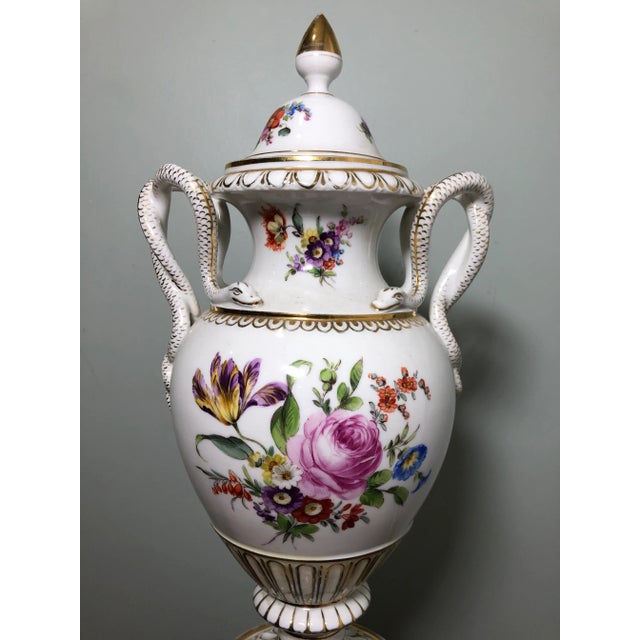 Antique Carl Teichert Meissen Hand-Painted Floral Snack Handle Urn For Sale - Image 4 of 9