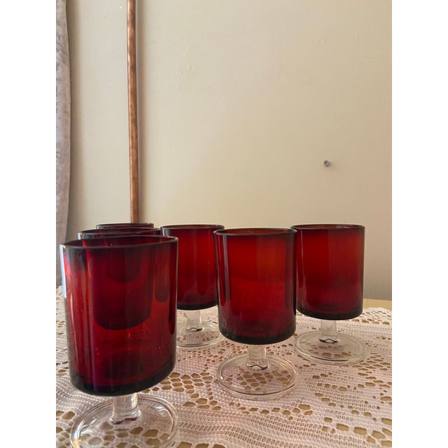 1970s Vintage French Luminarc Cavalier Ruby Red Footed Juice Glasses - Set of 6 For Sale - Image 5 of 7