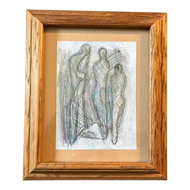1970’s Vintage Original Abstract Figural Pencil / Watercolor Painting Vintage Frame For Sale