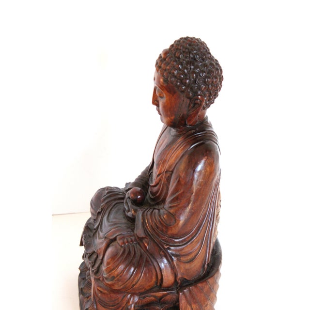 LRG 16" Hand-Carved Hardwood Meditative Buddha Statue For Sale In Los Angeles - Image 6 of 11