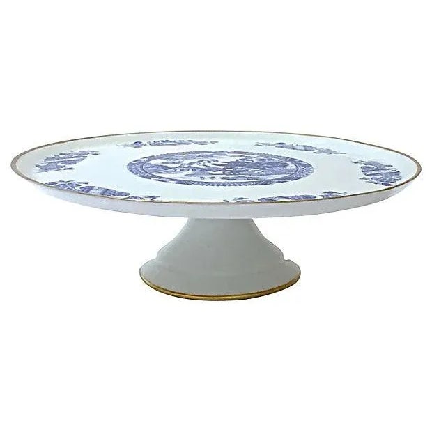 Vintage French Limoges porcelain cake plate with an Asian temple and garden scene in the center. Patterned graphic shield...