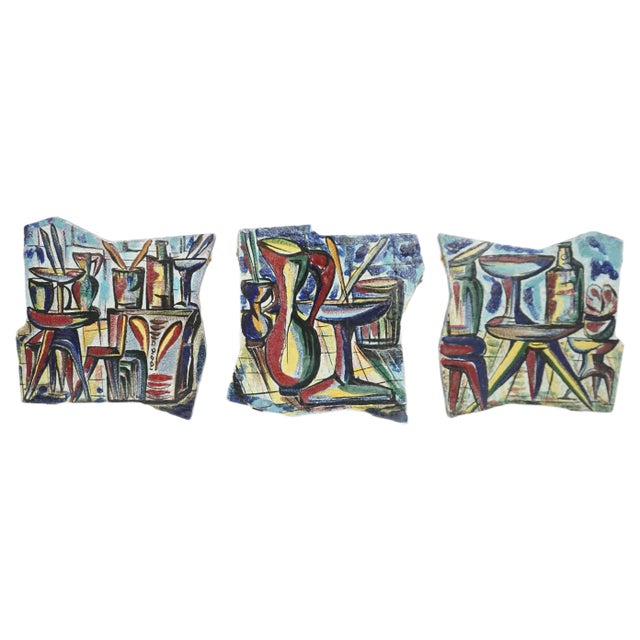 Large Italian Decorative Cocktail Bar Ceramic Tiles, 1950s, Set of 3 For Sale