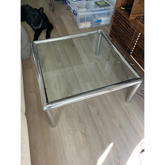 John Mascharino Vintage Aluminum and Glass Tubo Coffee Table Authentic 1970’s piece, glass square removable from aluminum...