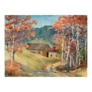Mid Century Country Lane Figurative Landscape With Autumn Trees by Donna Zell For Sale