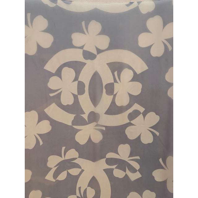 Cornflower Blue Chanel Large Silk Chiffon Scarf Leafs Clovers For Sale - Image 8 of 12