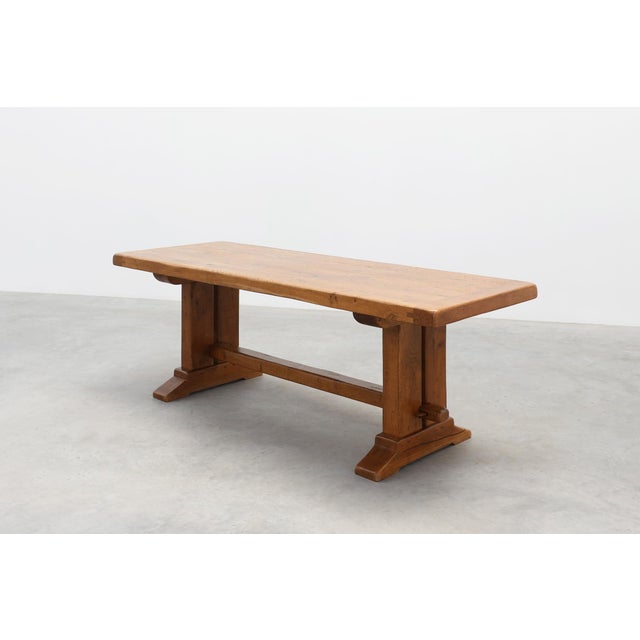 Vintage Oak Trestle Table with Pegged Stretcher, France, 1950s For Sale - Image 6 of 18
