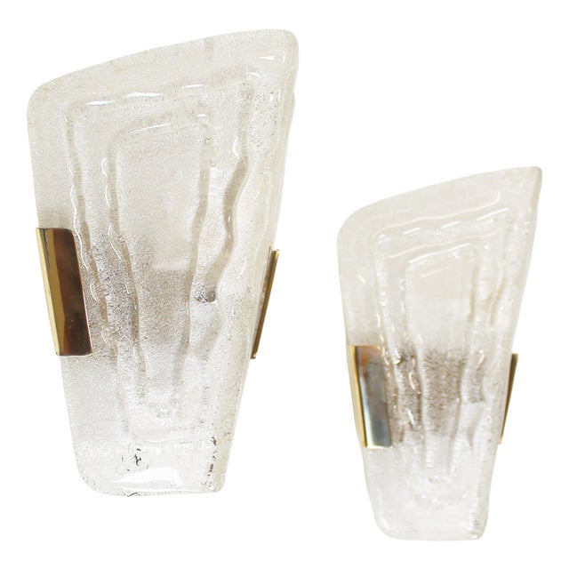 Ice Glass and Brass Wall Lamps from Hillebrand Lighting, 1970s, Set of 2 For Sale
