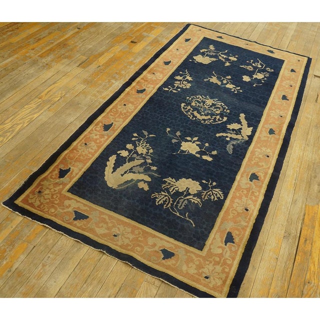 Small 1920s Navy Field Floral Deco Art Antique Chinese Peking Rug 3'2'' X 6'2' For Sale - Image 4 of 10
