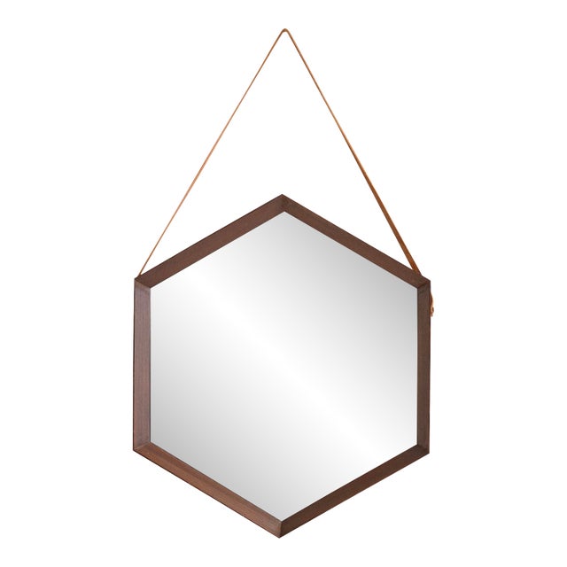 Hexagonal Mid-Century Wood Framed Mirror For Sale