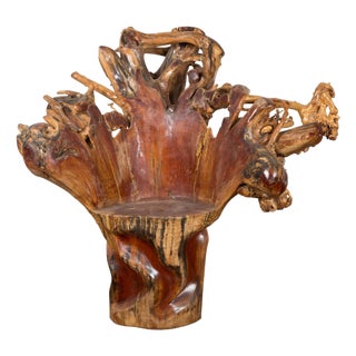 Vintage Chinese Hand Crafted Camphor Wood Root Chair with Light Varnish For Sale