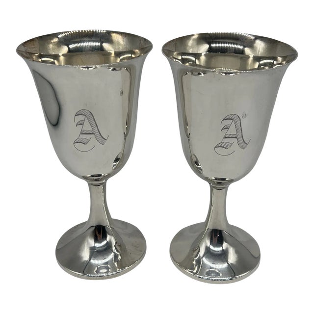 Pair, Newburyport Silver Company "A" Monogram Sterling Silver Goblets 6.675" For Sale