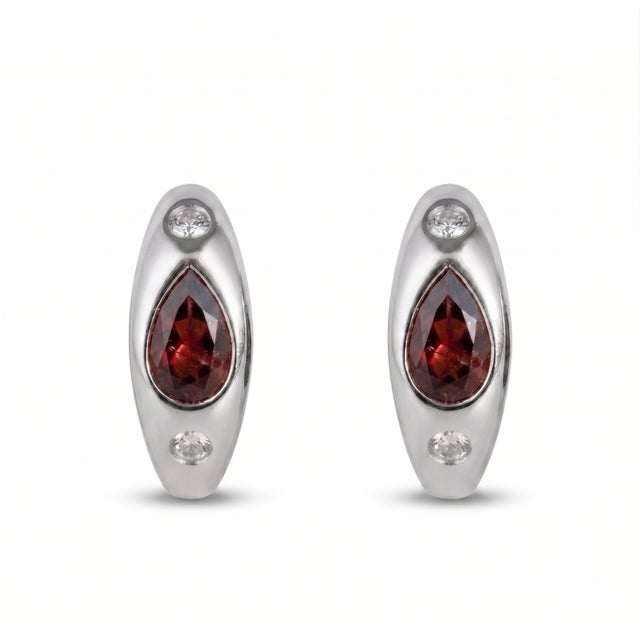 Contemporary Natural Garnet & Cubic Zirconia Huggies, 925 Silver Handmade Earrings - A Pair For Sale - Image 3 of 5