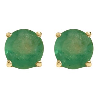 14K Yellow Gold 5X5MM Round Green Emerald Solitaire Stud Earrings For Sale