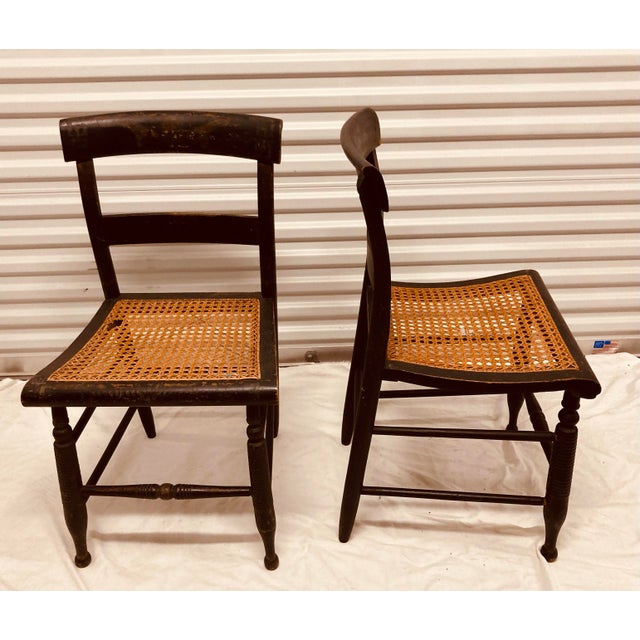 Black Antique Pair Hitchcock Chairs Black With Faded Greek Key Painting on Top of Chair Backs Cane Seats For Sale - Image 8 of 11