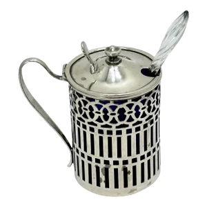 Unusual Small Size Early 1900s Antique American Sterling Silver & Cobalt Blue Glass Mustard Pot & Spoon