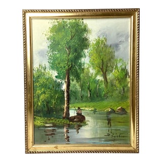 1950s Painting Fisherman on Side of River Oil on Canvas Signed, D. Giovanni., Framed For Sale