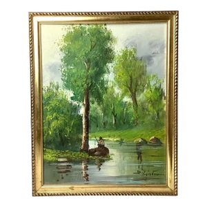 1950s Painting Fisherman on Side of River Oil on Canvas Signed, D. Giovanni., Framed