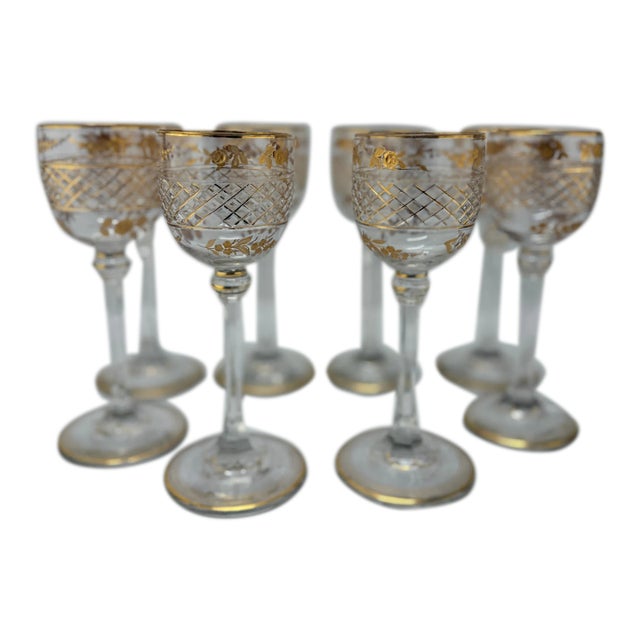 Set of 8, French Foliate Gilt Crystal Wine Goblets Style of Val St. Lambert For Sale