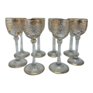 Set of 8, French Foliate Gilt Crystal Wine Goblets Style of Val St. Lambert