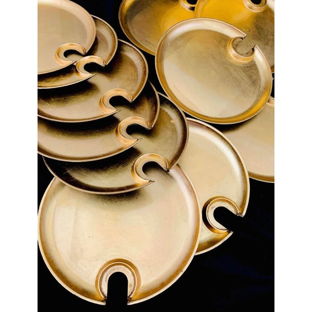 Gold Vintage Hollywood Regency Cocktail Plates With Glass Cup Rest Holder, Gold Leaf Lacquer- Set of 12 Pieces For Sale - Image 8 of 10