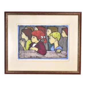 Vintage Mid-Century Irving Amen Woodblock Print of Children “Audience”