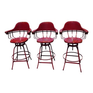 Three Vintage French Country Farmhouse Rustic Red Swivel Bar Stools For Sale