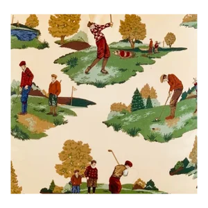 P Kaufmann Printworks Burgundy-Red Blue Brown Green Golf Country Club Toile Fabric Sample