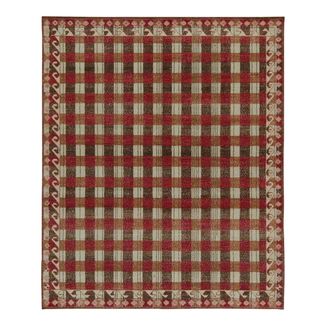 Rug & Kilim’s Distressed Swedish Style Rug in Red and Brown Geometric Pattern For Sale