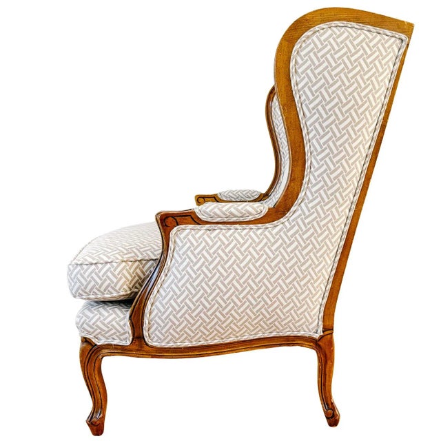 French Provincial Wingback Chairs With Geometric Upholstery Attributed to Baker - A Pair For Sale In San Diego - Image 6 of 18