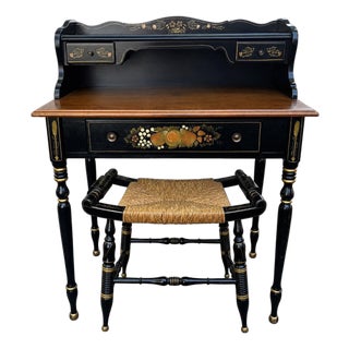Ethan Allen Ebonized Maple Writing Desk and Matching Rush-Seat Chair For Sale
