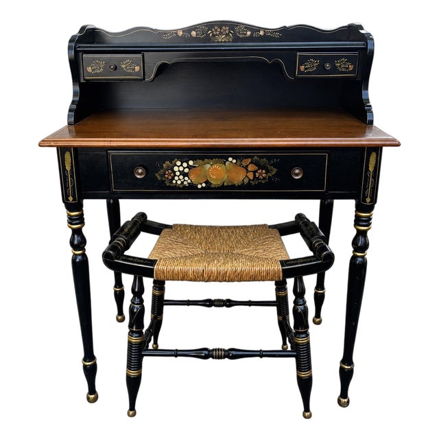 Ethan Allen Ebonized Maple Writing Desk and Matching Rush-Seat Chair For Sale