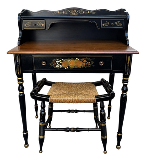 Ethan Allen Ebonized Maple Writing Desk and Matching Rush-Seat Chair