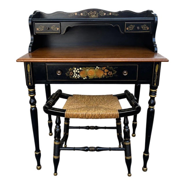 Final Sale: Ethan Allen Ebonized Maple Writing Desk and Matching Rush-Seat Chair For Sale