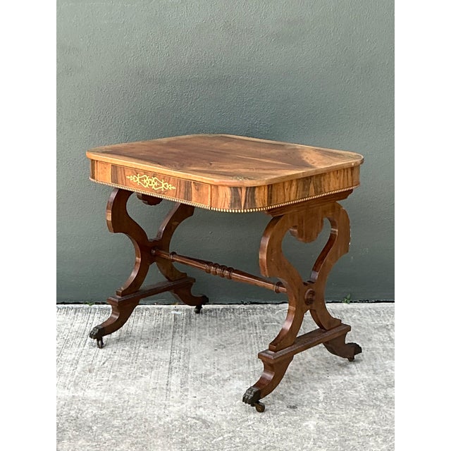 Victorian Vintage Wood and Brass Inlaid Side Table For Sale - Image 3 of 12