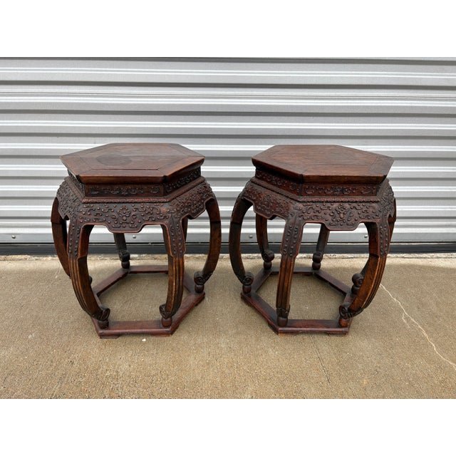 Pair Of Antique Chinese Tables. Offered is a beautiful pair of hexagon shaped carved rosewood Chinese tables, side tables...