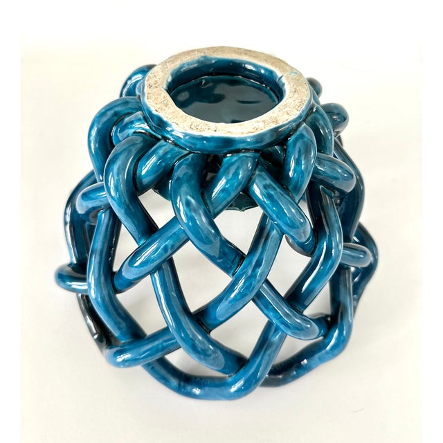 Hand Crafted Cerluean Blue Twisted Pottery Bowl For Sale - Image 14 of 16