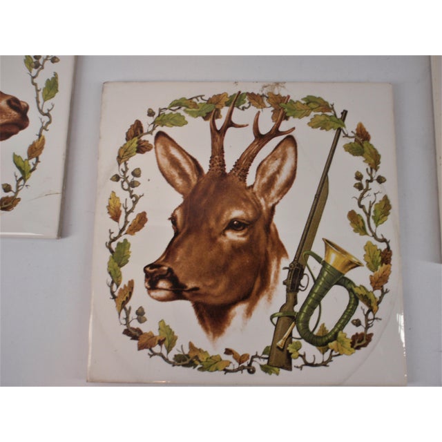 Rustic European Vintage Mid 20th Century Set of 5 Hand Painted Game Motif Kitchen Tiles Stag Roe Deer Ibex Fox Rabbit or Hare For Sale - Image 3 of 12