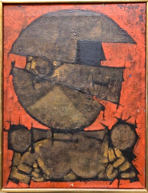 Shlomo Zafrir, Israeli Cubist Modernist Oil Painting "Rosh Shiryon Abir" Armor, 1964