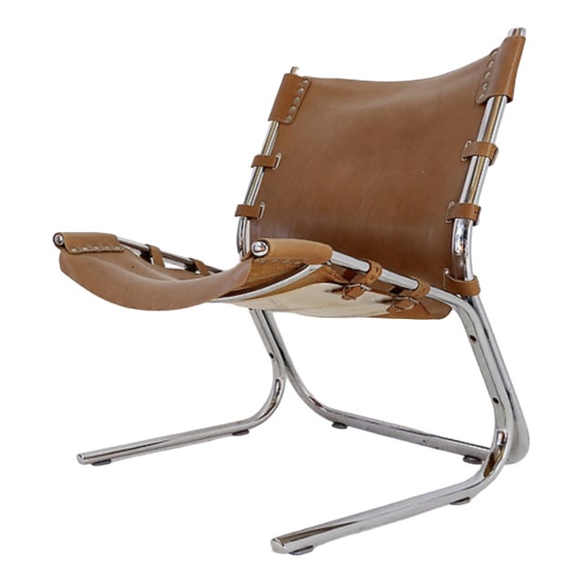 Vintage Tubular Sling Chair in Leather and Chrome, 1960s, 1969 For Sale