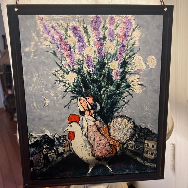 Blue 1960s Window Panel Stained Glass by Boston Glass Masters Marc Shagall Wedding Couple Riding White Rooster, Framed For Sale - Image 8 of 9