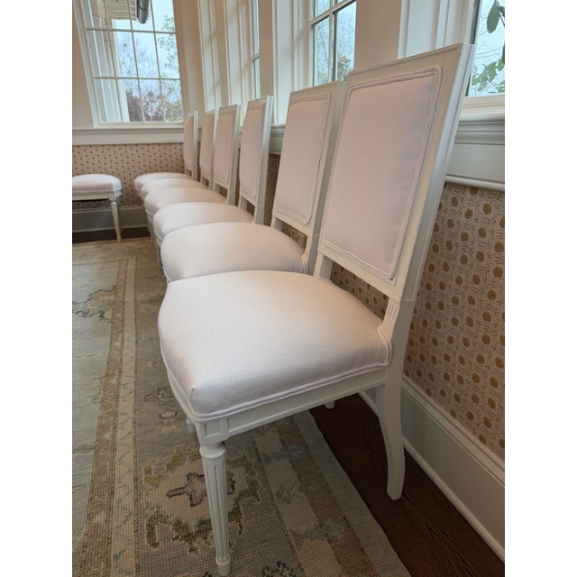Dimensions: H 36.2” x W 18.7” x SD 16.3” x SH 18.1” Vintage French set of 10 Louis XVI square back dining chairs. Newly...