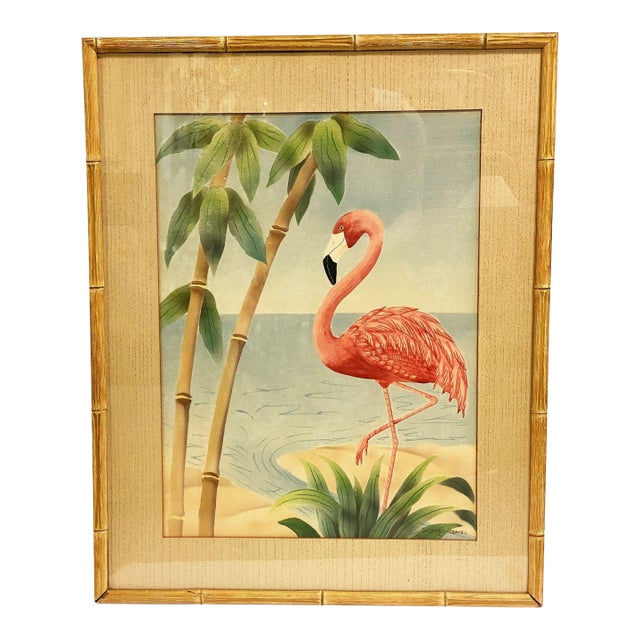 MCM Beach Pink Flamingo Watercolor on Paper Signed by Shirrell Graves, Framed For Sale