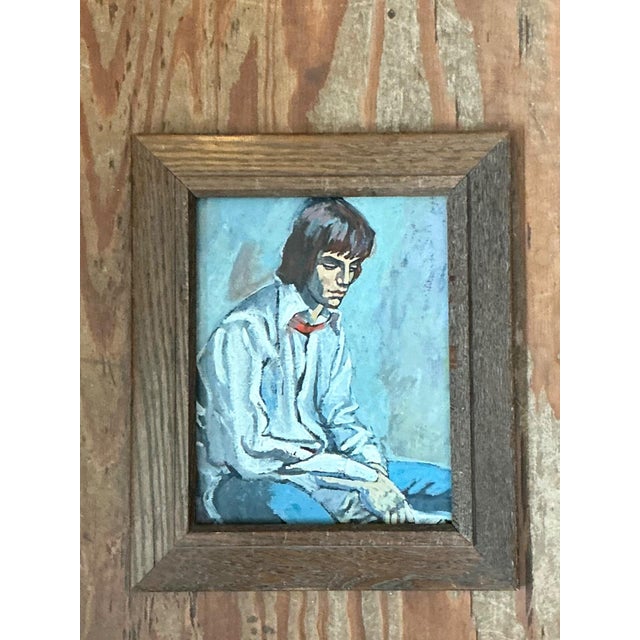 Mid-Century Modern Vintage 1970s Oil Painting of Seated Man For Sale - Image 3 of 11