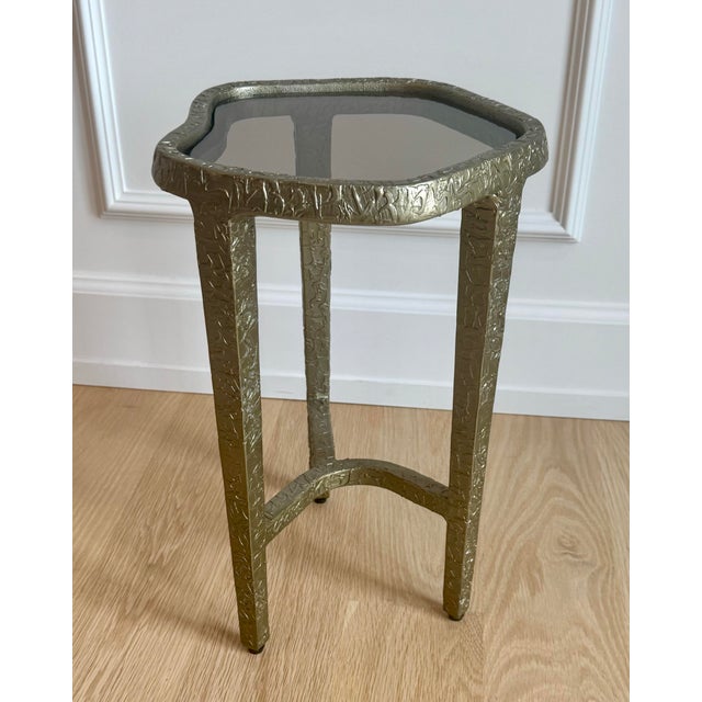 Contemporary Vintage Caracole Modern "Contour" Sculptural Textured Metal & Tinted Glass Side / Drinks Table - Neiman Marcus For Sale - Image 3 of 12