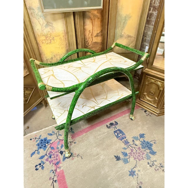 Dark Green Mid-Century Aldo Tura Style Rattan and Faux Malachite Bar Cart - Newly Painted For Sale - Image 8 of 11