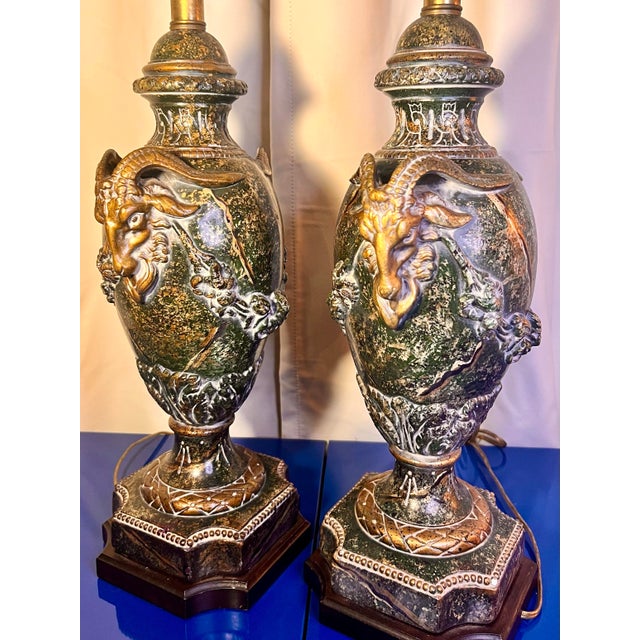 1980s Pair of Vintage Ram Head Faux Marble Faux Bronze Neoclassical Reproduction Lamps For Sale - Image 4 of 11